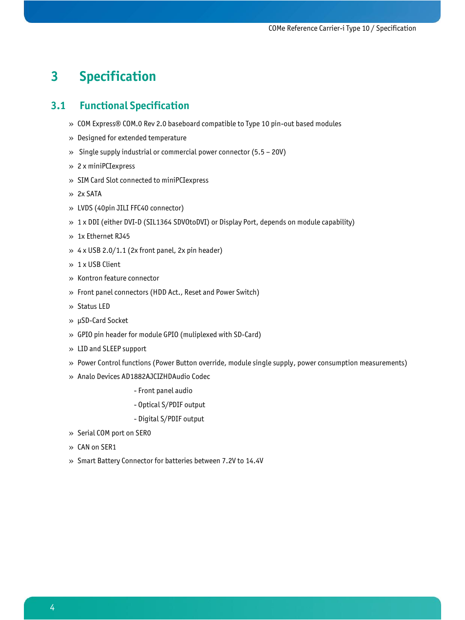 Specification, Functional specification, 3specification | 1 functional specification | Kontron COMe Ref.Carrier-i T10 User Manual | Page 7 / 42