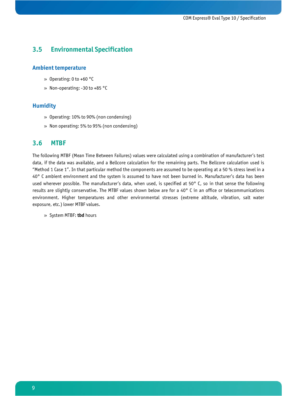 Environmental specification, Mtbf, 5 environmental specification | 6 mtbf | Kontron COMe Eval Carrier T10 User Manual | Page 12 / 55