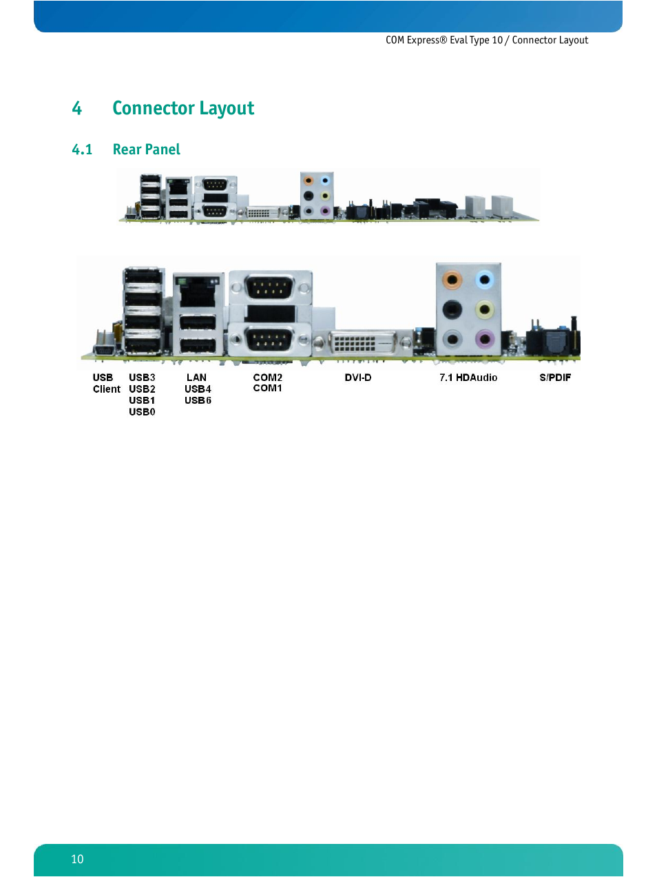 Connector layout, Rear panel, 4connector layout | 1 rear panel | Kontron COMe Eval Carrier T10 User Manual | Page 13 / 55