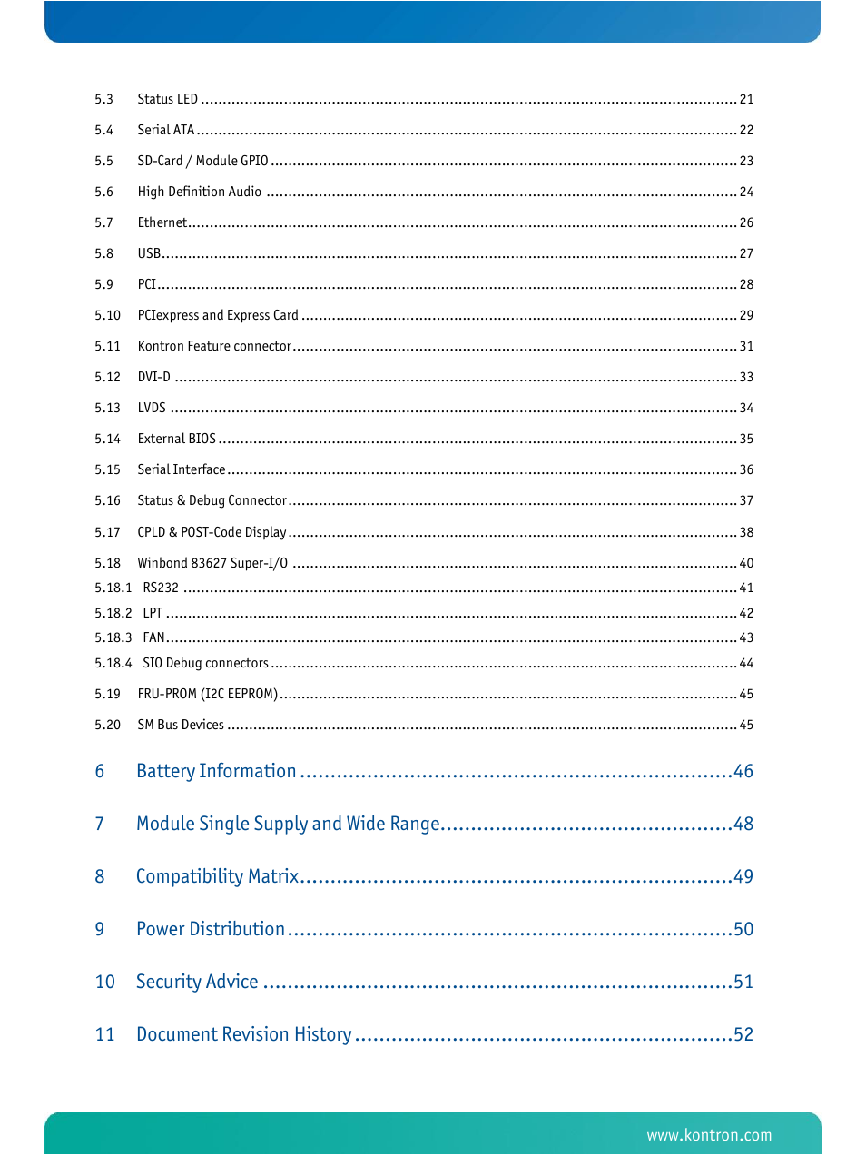 Battery information, Module single supply and wide range, Compatibility matrix | Power distribution, Security advice, Document revision history | Kontron COMe Eval Carrier T10 User Manual | Page 3 / 55