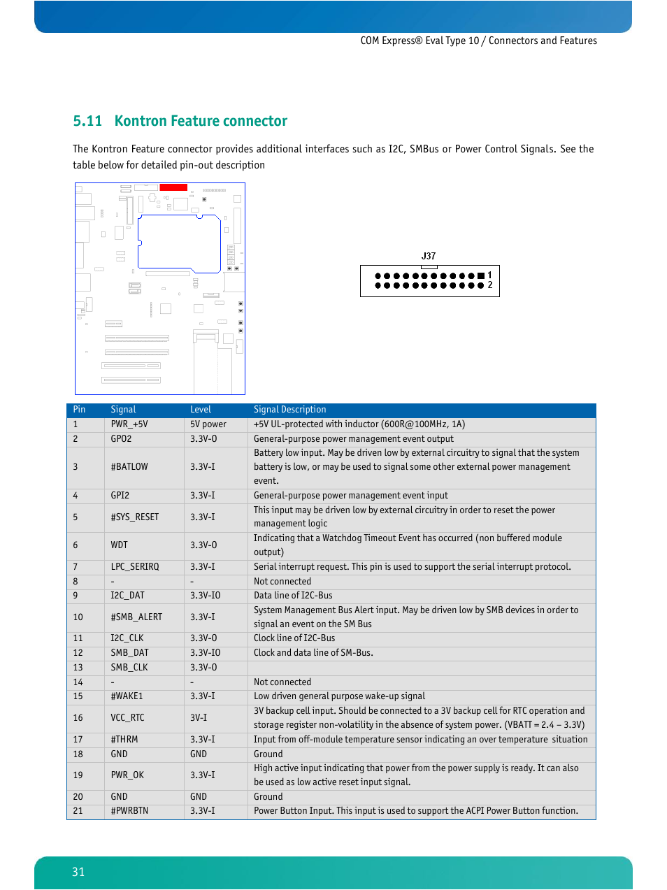 Kontron feature connector, 11 kontron feature connector | Kontron COMe Eval Carrier T10 User Manual | Page 34 / 55