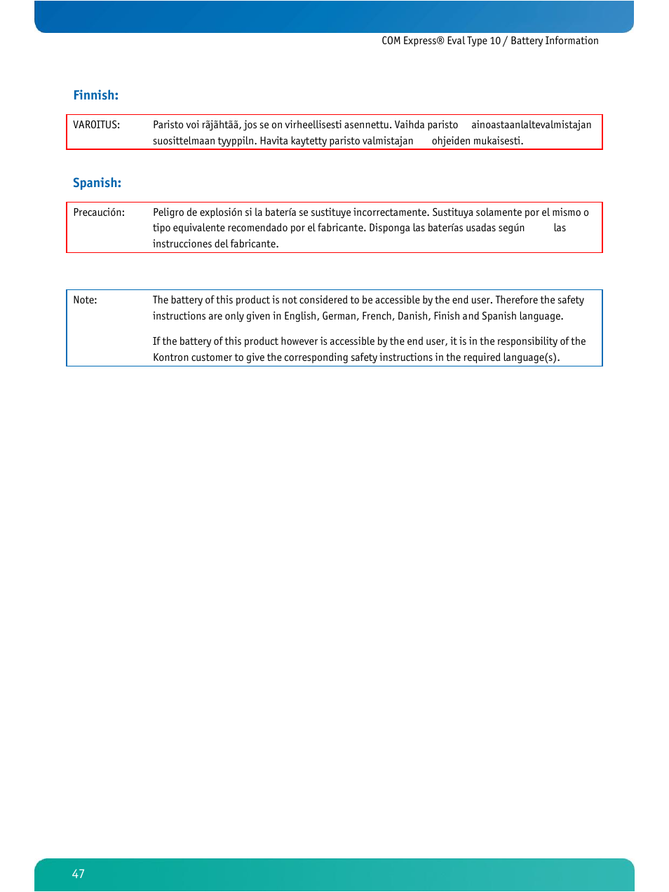 Finnish, Spanish | Kontron COMe Eval Carrier T10 User Manual | Page 50 / 55