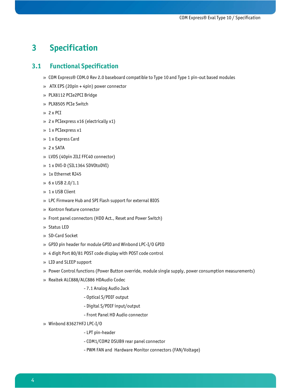 Specification, Functional specification, 3specification | 1 functional specification | Kontron COMe Eval Carrier T10 User Manual | Page 7 / 55