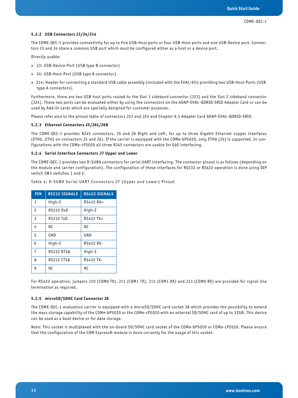 2 usb connectors j3/j4/j14, 3 ethernet connectors j5/j6l/j6r, 4 serial interface connectors j7 upper and lower | 5 microsd/sdhc card connector j8, Usb connectors j3/j4/j14, Ethernet connectors j5/j6l/j6r, Serial interface connectors j7 upper and lower, Microsd/sdhc card connector j8 | Kontron COMe Eval Carrier QorIQ User Manual | Page 15 / 39