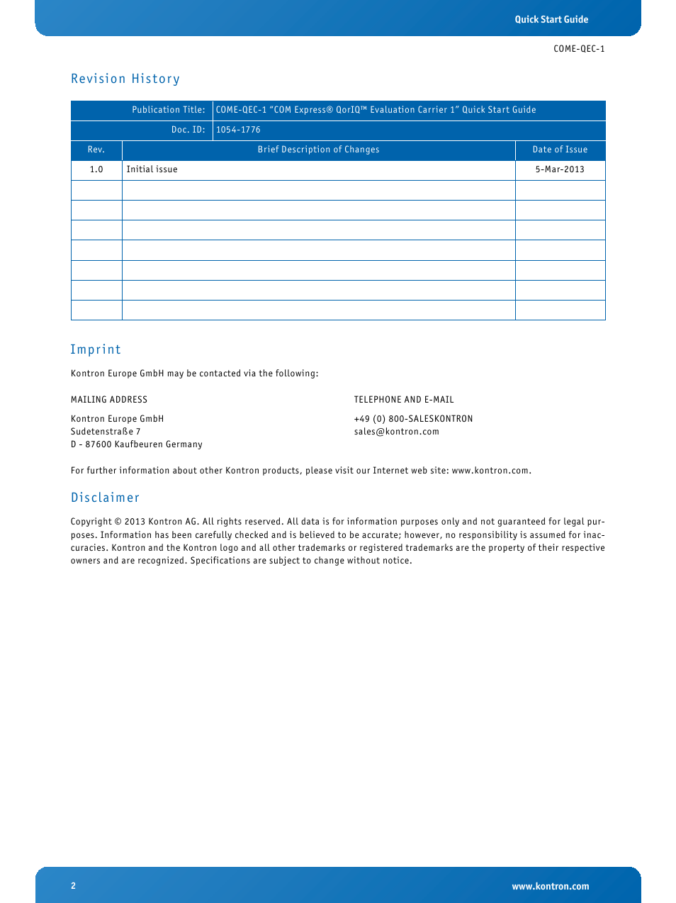 Revision his tor y impr int, Disclaimer | Kontron COMe Eval Carrier QorIQ User Manual | Page 2 / 39