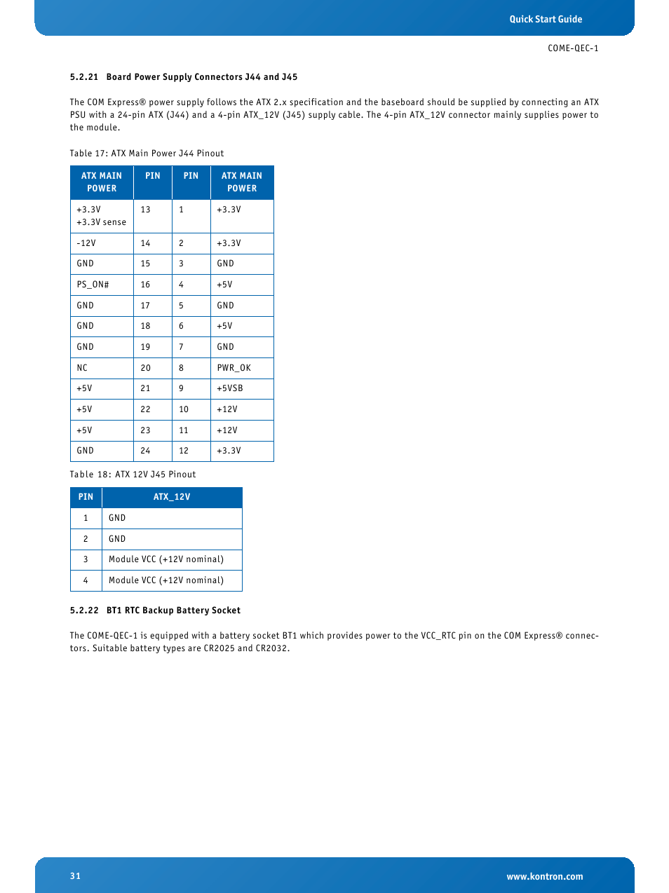 21 board power supply connectors j44 and j45, 22 bt1 rtc backup battery socket, Board power supply connectors j44 and j45 | Bt1 rtc backup battery socket, Atx main power j44 pinout, Atx 12v j45 pinout | Kontron COMe Eval Carrier QorIQ User Manual | Page 31 / 39