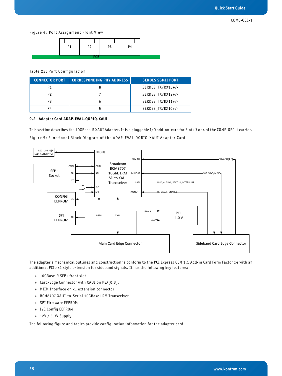 2 adapter card adap-eval-qoriq-xaui, Adapter card adap-eval-qoriq-xaui, Port configuration | Port assignment front view | Kontron COMe Eval Carrier QorIQ User Manual | Page 35 / 39