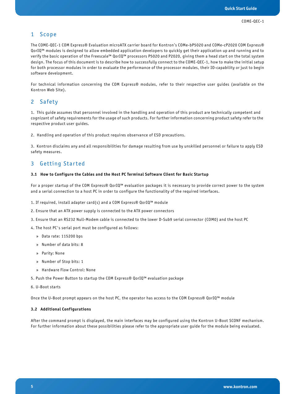 1 scope, 2 safety, 3 getting started | 2 additional configurations, Scope, Safety, Getting started, Additional configurations, 3 getting st ar ted | Kontron COMe Eval Carrier QorIQ User Manual | Page 5 / 39