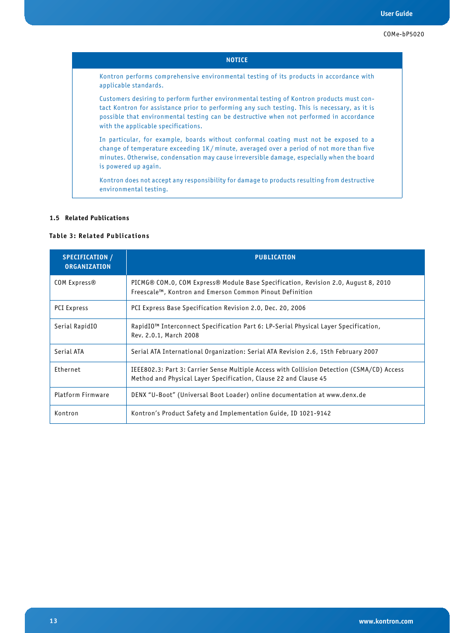 5 related publications, Related publications | Kontron COMe-bP5020 User Manual | Page 13 / 71