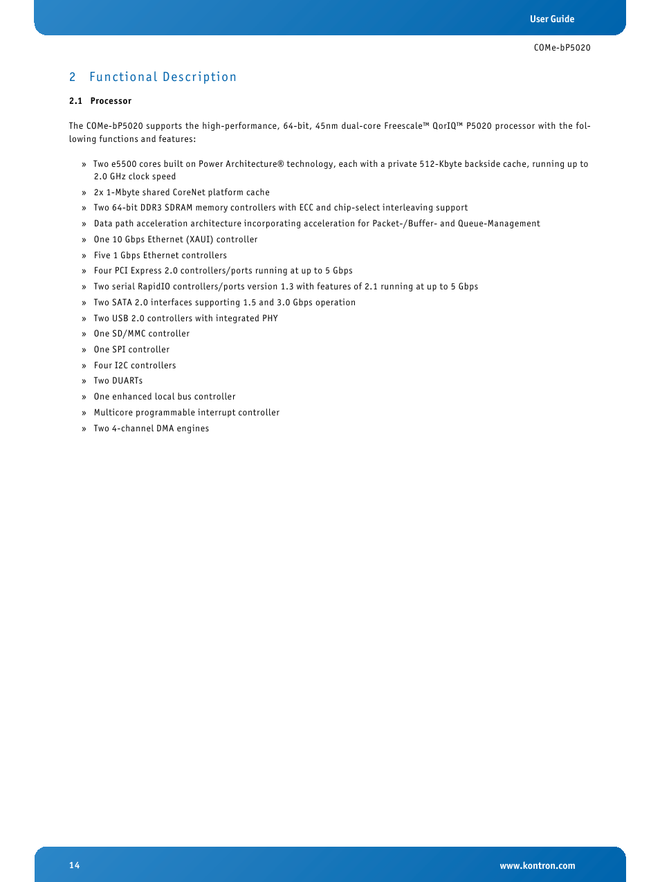 2 functional description, 1 processor, Functional description | Processor, 2 functional descr iption | Kontron COMe-bP5020 User Manual | Page 14 / 71