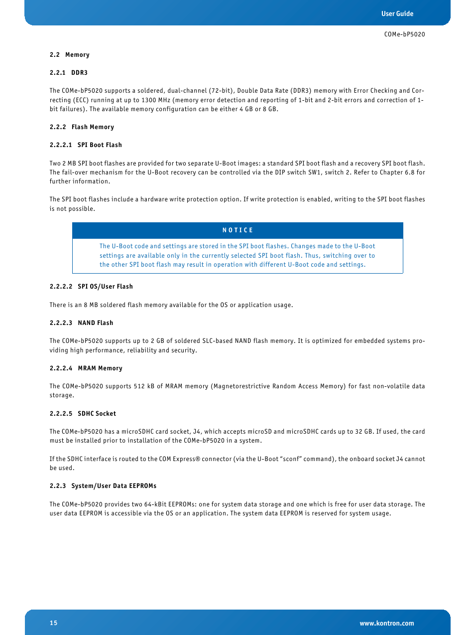 2 memory, 1 ddr3, 2 flash memory | 1 spi boot flash, 2 spi os/user flash, 3 nand flash, 4 mram memory, 5 sdhc socket, 3 system/user data eeproms, Memory | Kontron COMe-bP5020 User Manual | Page 15 / 71