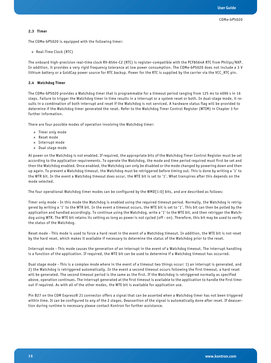3 timer, 4 watchdog timer, Timer | Watchdog timer | Kontron COMe-bP5020 User Manual | Page 16 / 71