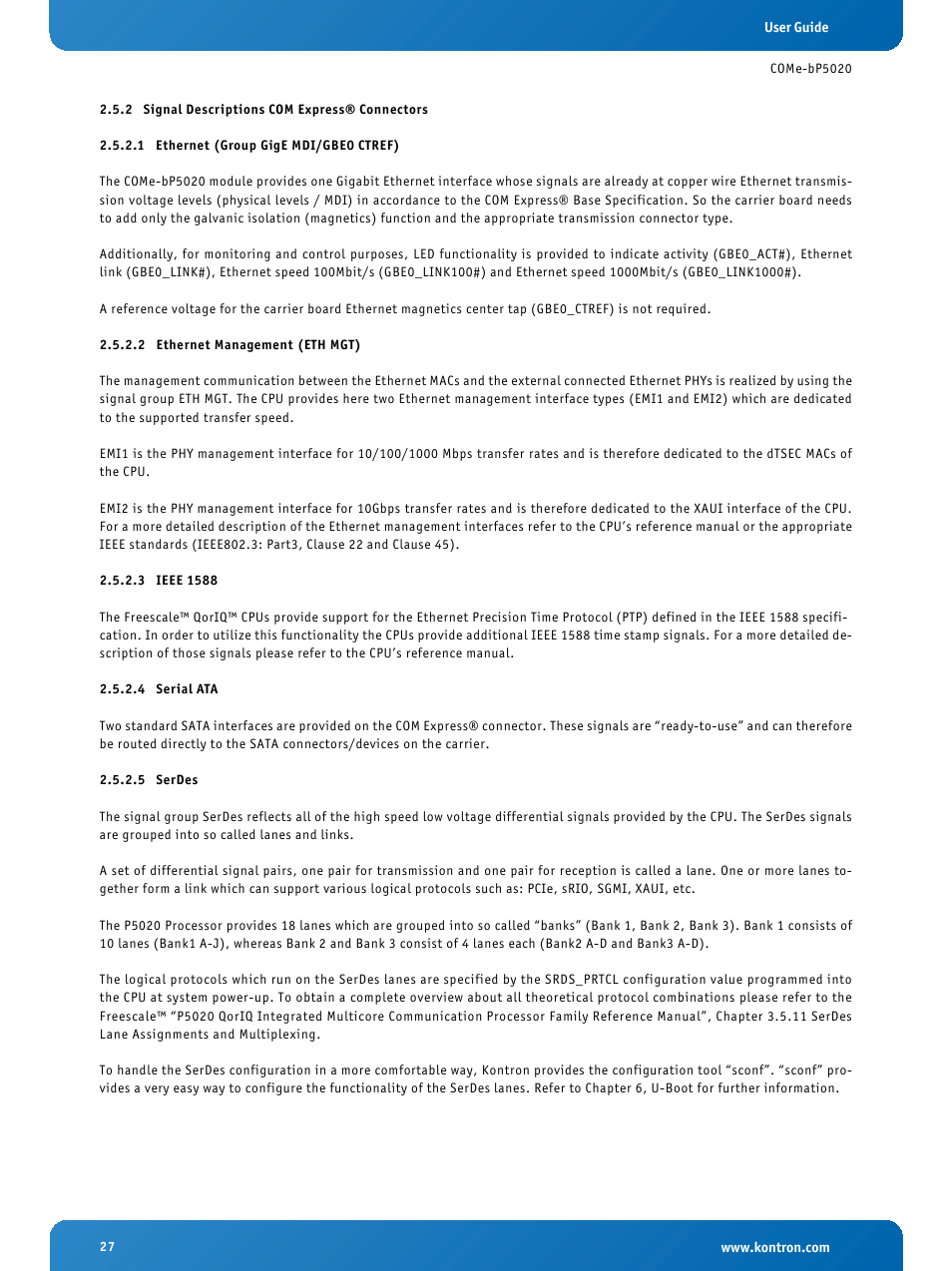 2 signal descriptions com express® connectors, 1 ethernet (group gige mdi/gbe0 ctref), 2 ethernet management (eth mgt) | 3 ieee 1588, 4 serial ata, 5 serdes, Signal descriptions com express® connectors, Ethernet (group gige mdi/gbe0 ctref), Ethernet management (eth mgt), Ieee 1588 | Kontron COMe-bP5020 User Manual | Page 27 / 71