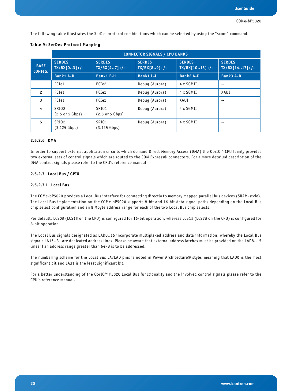 6 dma, 7 local bus / gpio, 1 local bus | Local bus / gpio, Local bus, Serdes protocol mapping | Kontron COMe-bP5020 User Manual | Page 28 / 71