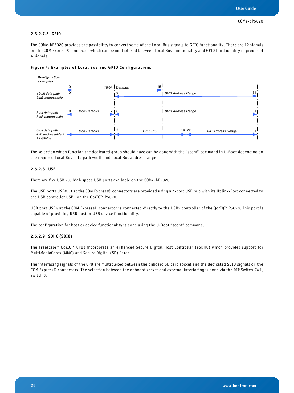2 gpio, 8 usb, 9 sdhc (sdio) | Gpio, Sdhc (sdio), Examples of local bus and gpio configurations | Kontron COMe-bP5020 User Manual | Page 29 / 71