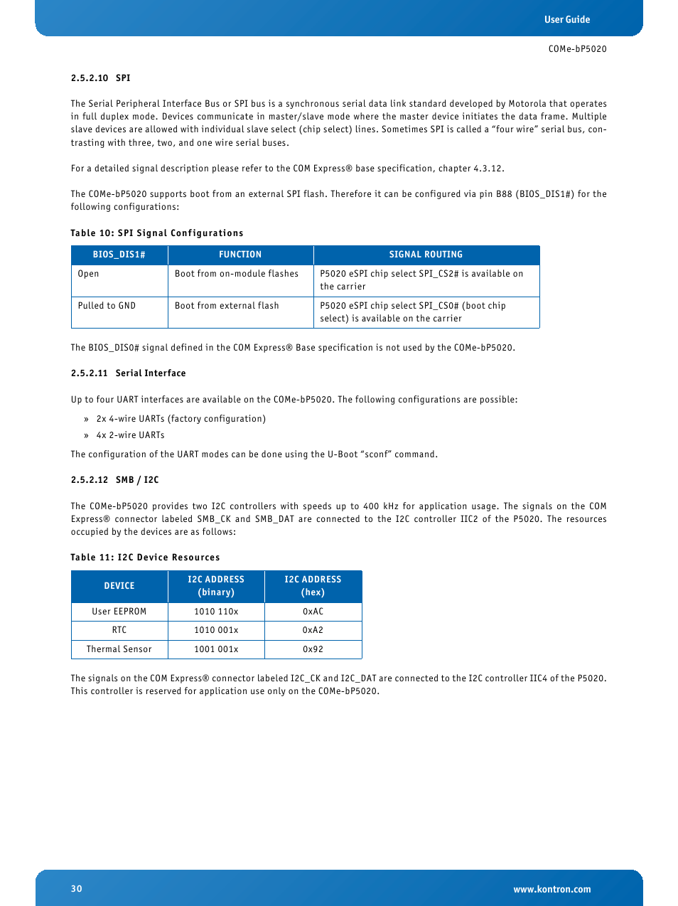 10 spi, 11 serial interface, 12 smb / i2c | Serial interface, Smb / i2c, Spi signal configurations, I2c device resources | Kontron COMe-bP5020 User Manual | Page 30 / 71