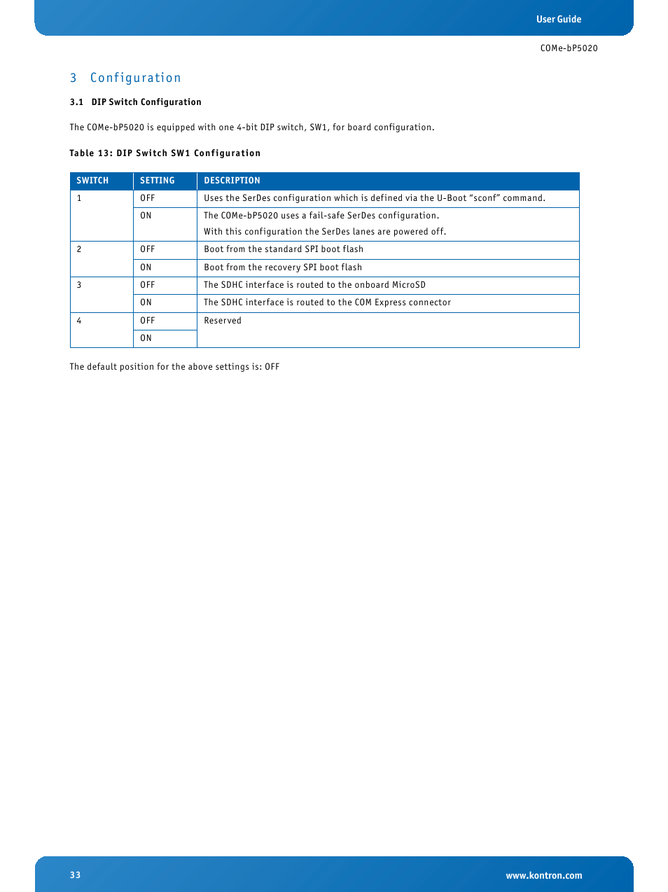 3 configuration, 1 dip switch configuration, Conf iguration | Dip switch configuration, Dip switch sw1 configuration, 3 conf iguration | Kontron COMe-bP5020 User Manual | Page 33 / 71