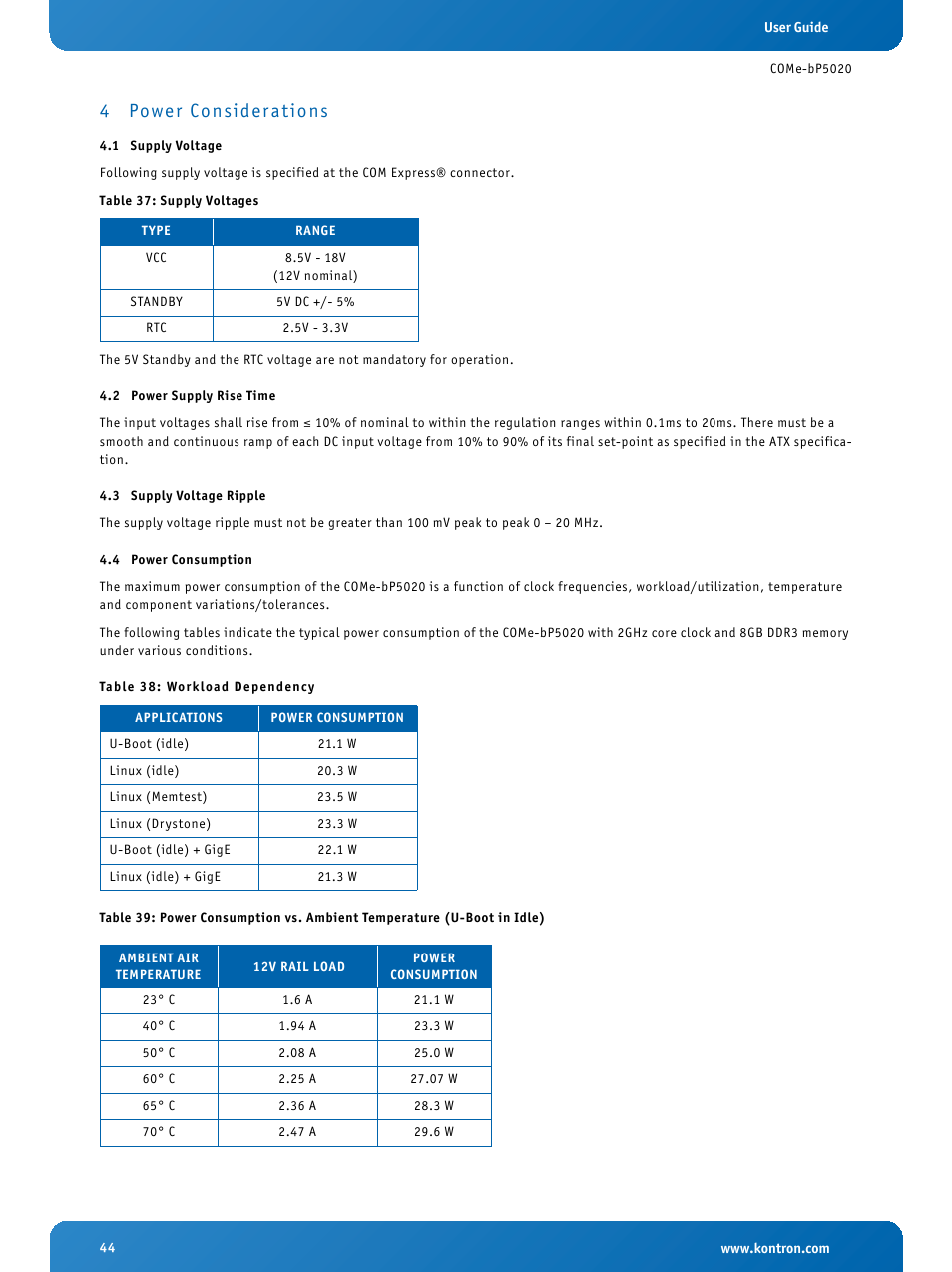 4 power considerations, 1 supply voltage, 2 power supply rise time | 3 supply voltage ripple, 4 power consumption, Power considerations, Supply voltage, Power supply rise time, Supply voltage ripple, Power consumption | Kontron COMe-bP5020 User Manual | Page 44 / 71