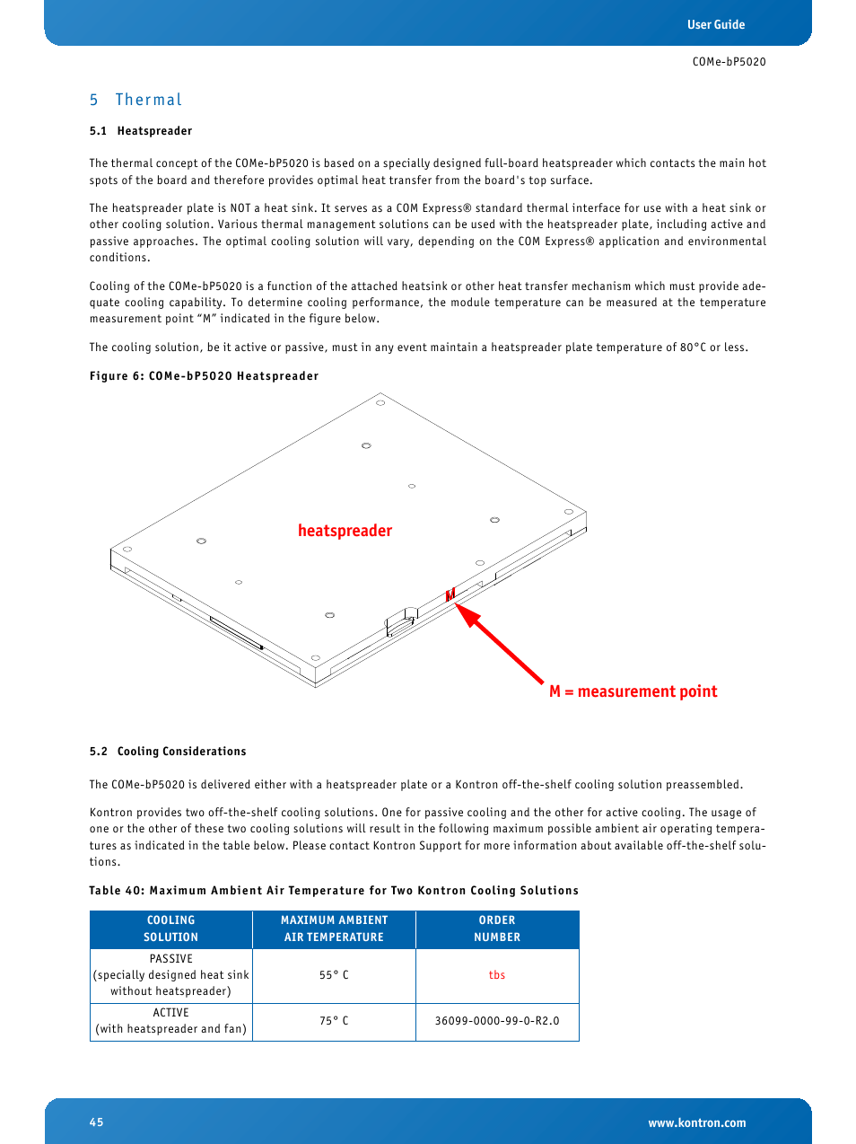 5 thermal, 1 heatspreader, 2 cooling considerations | Thermal, Heatspreader, Cooling considerations, Come-bp5020 heatspreader, 5 ther mal, M = measurement point heatspreader | Kontron COMe-bP5020 User Manual | Page 45 / 71