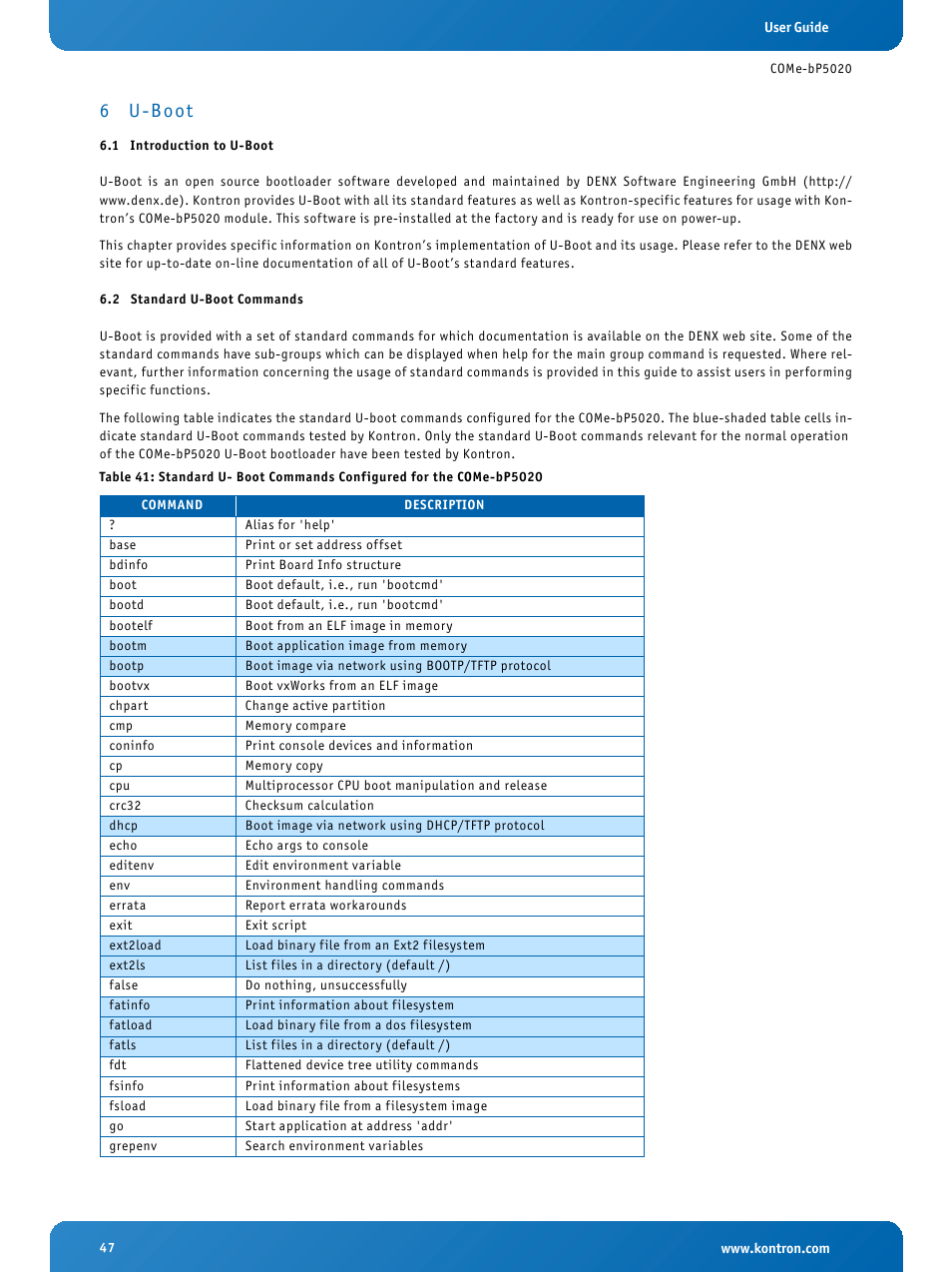 6 u-boot, 1 introduction to u-boot, 2 standard u-boot commands | U-boot, Introduction to u-boot, Standard u-boot commands | Kontron COMe-bP5020 User Manual | Page 47 / 71