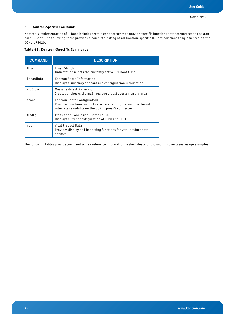 3 kontron-specific commands, Kontron-specific commands | Kontron COMe-bP5020 User Manual | Page 49 / 71