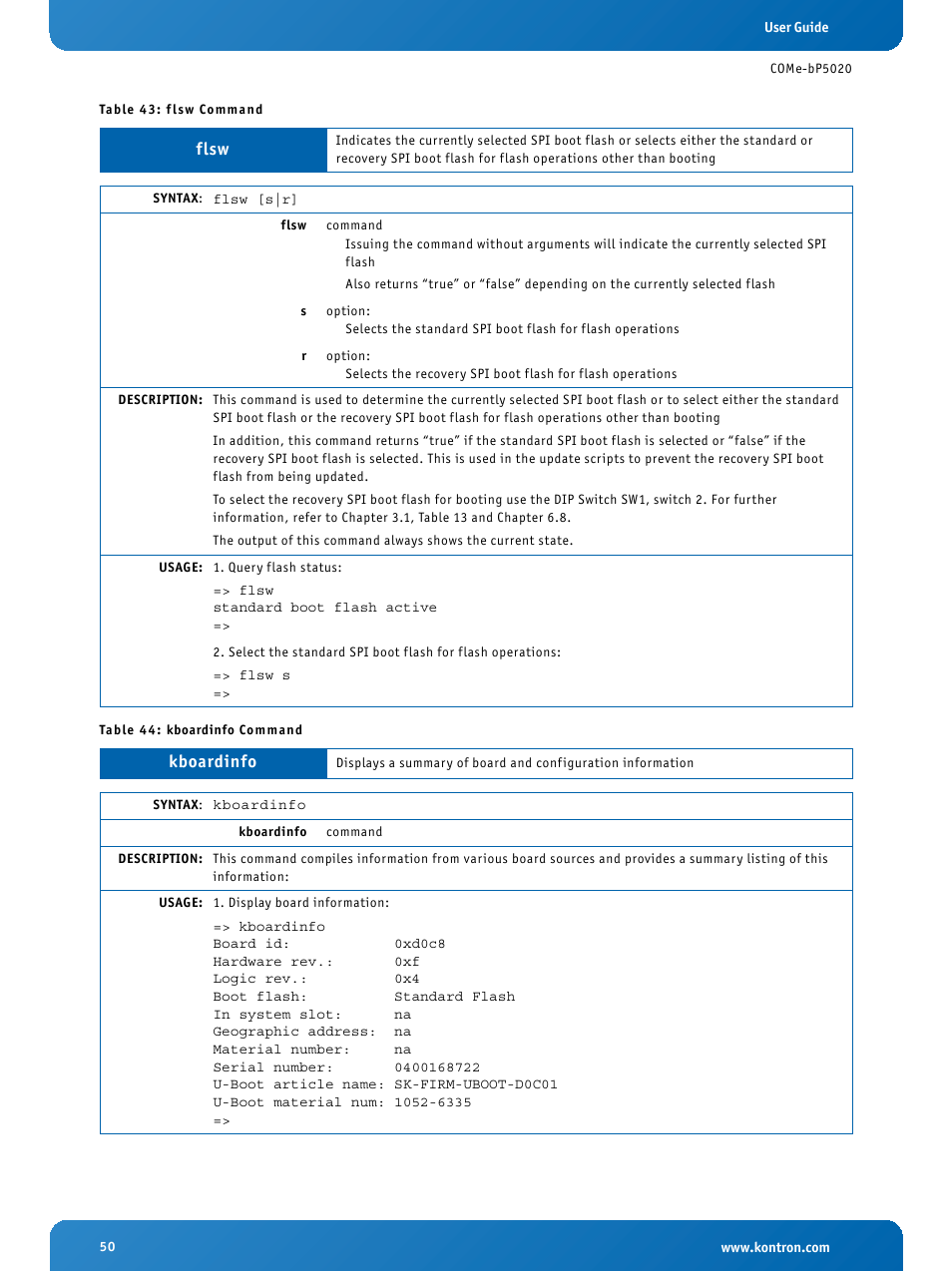Flsw command, Kboardinfo comm | Kontron COMe-bP5020 User Manual | Page 50 / 71