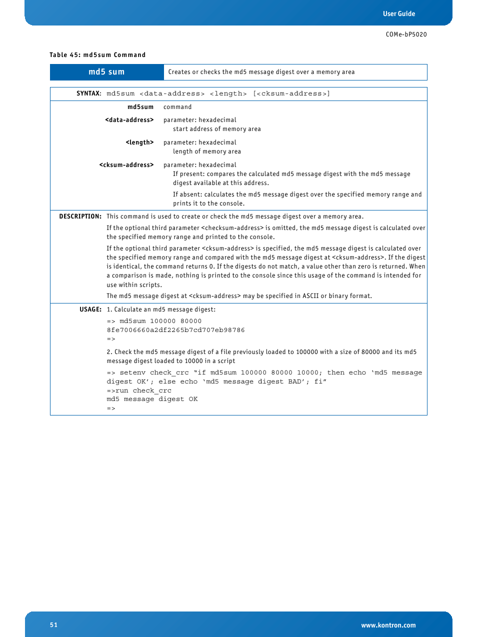 Md5sum command | Kontron COMe-bP5020 User Manual | Page 51 / 71