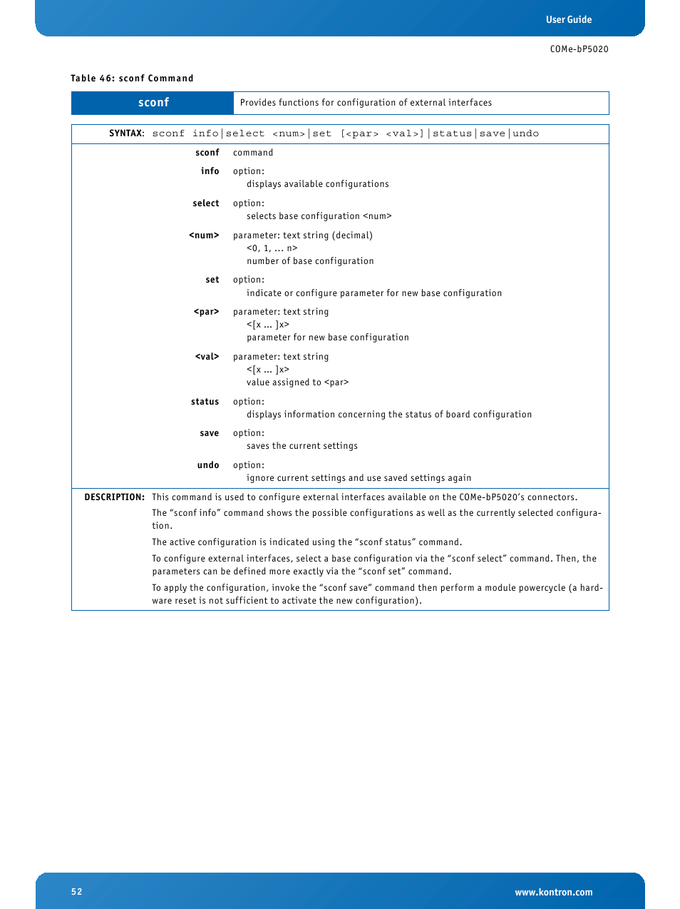 Sconf command, Sconf | Kontron COMe-bP5020 User Manual | Page 52 / 71