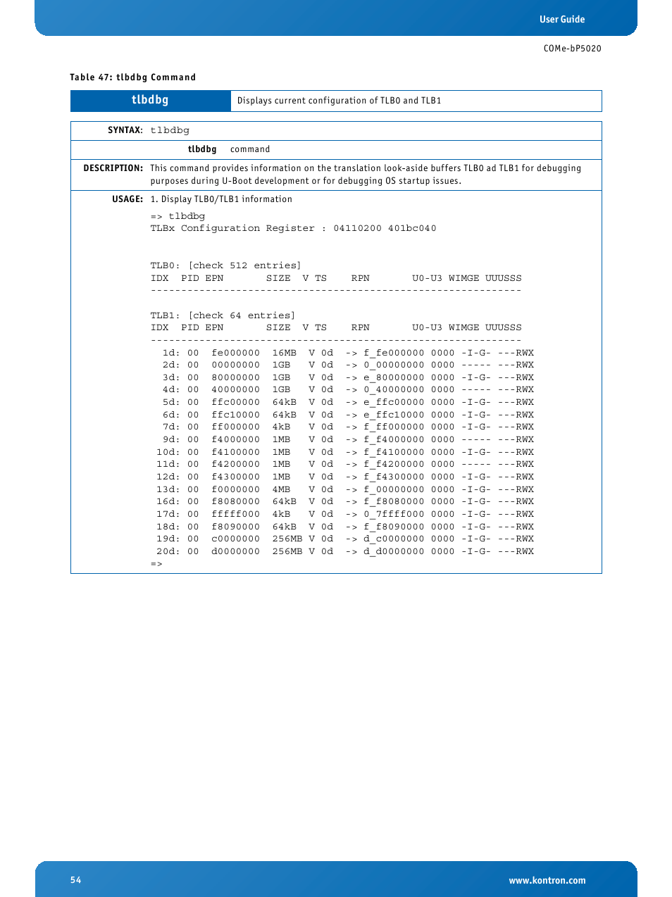 Tlbdbg command | Kontron COMe-bP5020 User Manual | Page 54 / 71