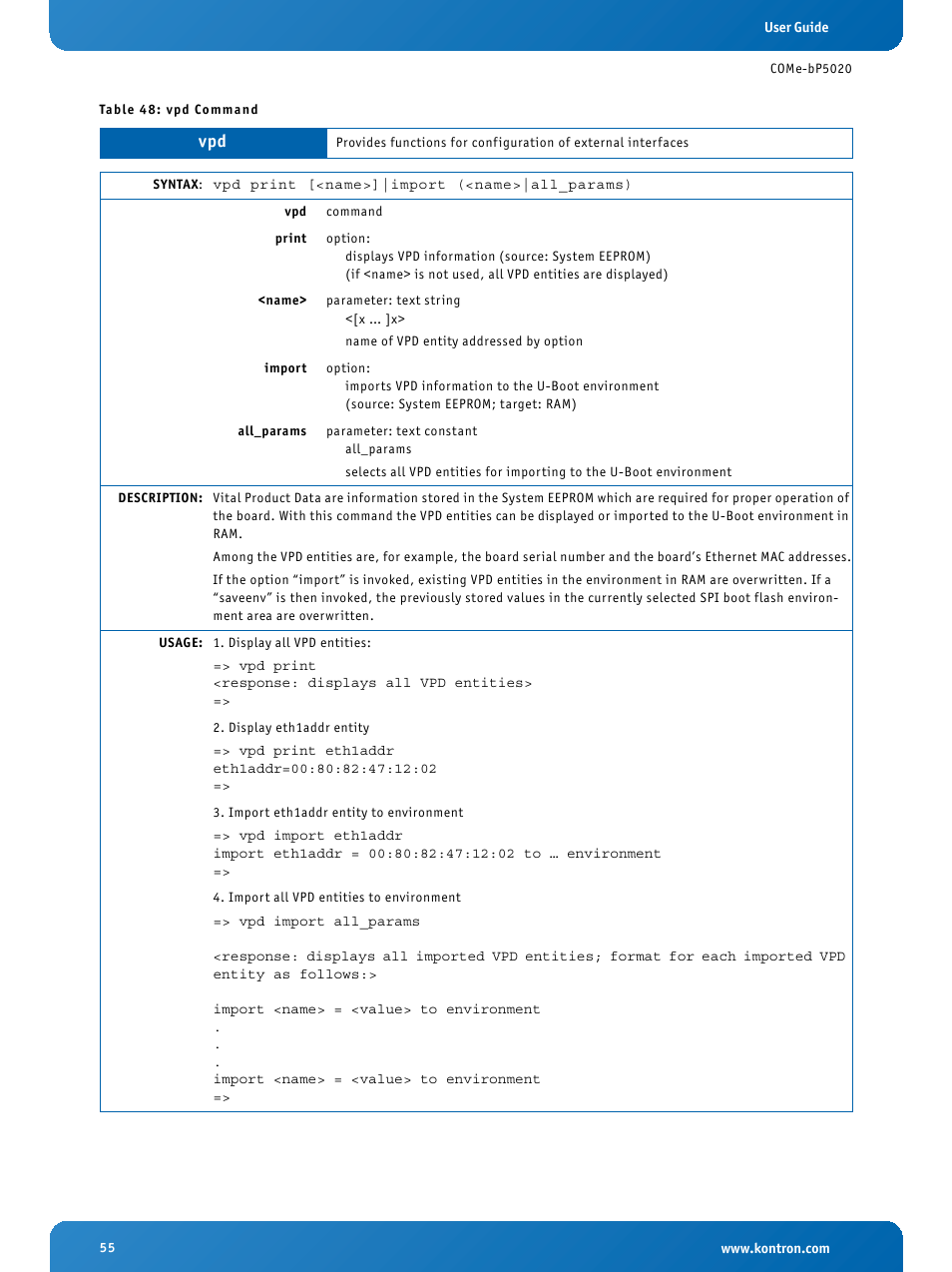 Vpd command | Kontron COMe-bP5020 User Manual | Page 55 / 71