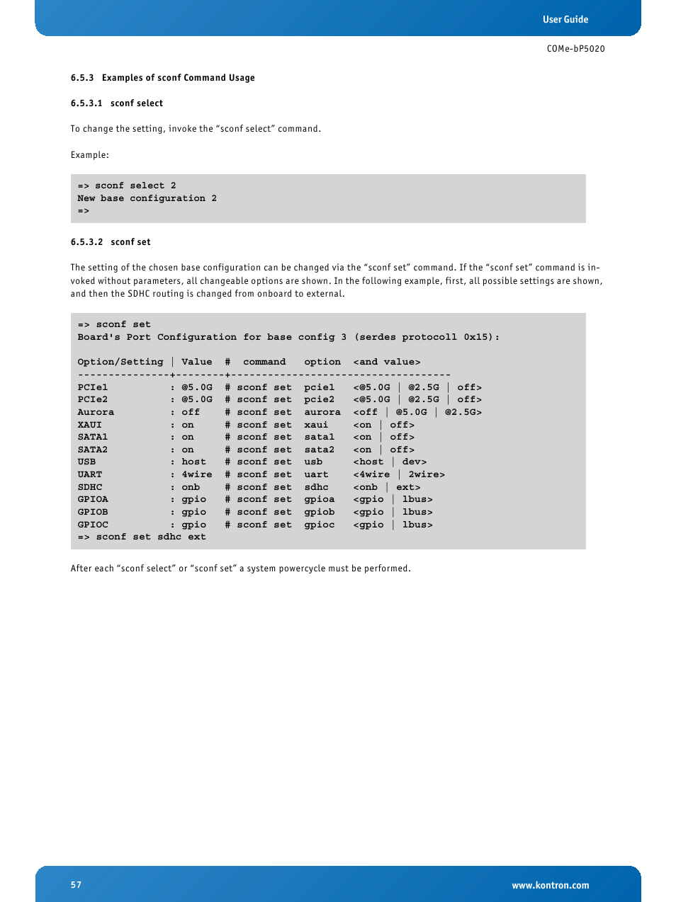 3 examples of sconf command usage, 1 sconf select, 2 sconf set | Examples of sconf command usage, Sconf select, Sconf set | Kontron COMe-bP5020 User Manual | Page 57 / 71