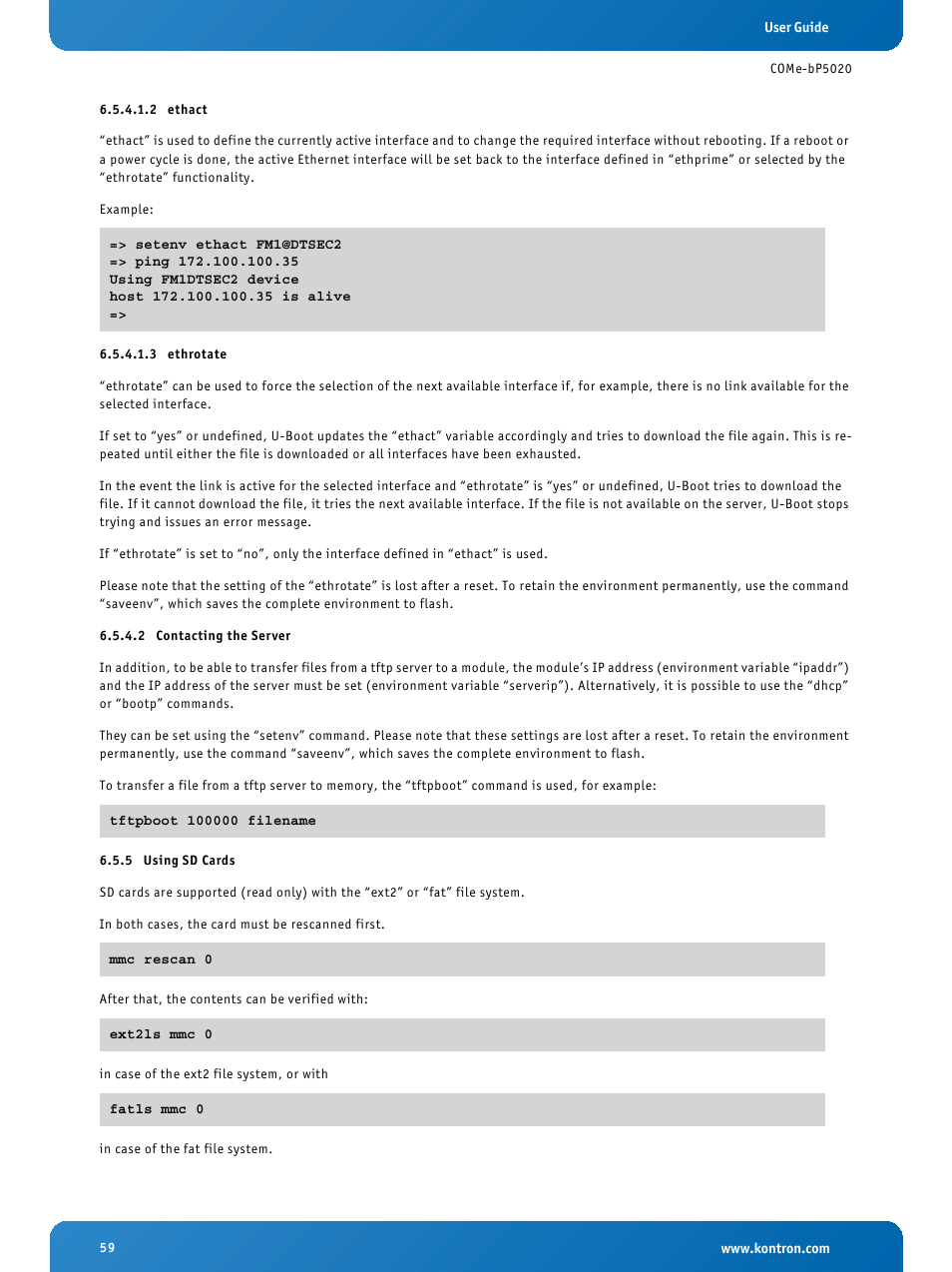 2 ethact, 3 ethrotate, 2 contacting the server | 5 using sd cards, Ethact, Ethrotate, Contacting the server, Using sd cards | Kontron COMe-bP5020 User Manual | Page 59 / 71