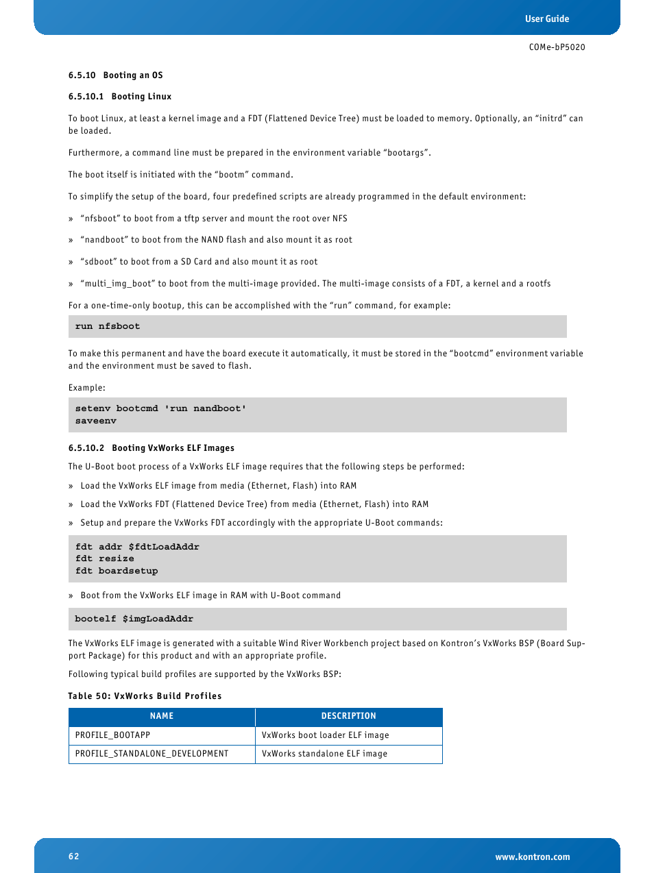 10 booting an os, 1 booting linux, 2 booting vxworks elf images | Booting an os, Booting linux, Booting vxworks elf images, Vxworks build profiles | Kontron COMe-bP5020 User Manual | Page 62 / 71