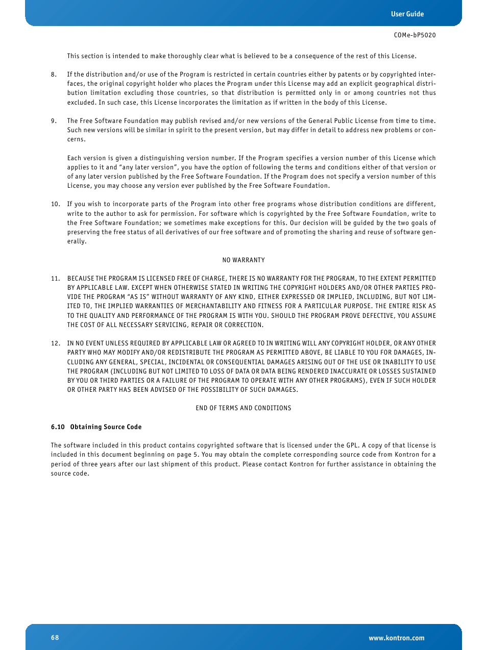 10 obtaining source code, Obtaining source code | Kontron COMe-bP5020 User Manual | Page 68 / 71