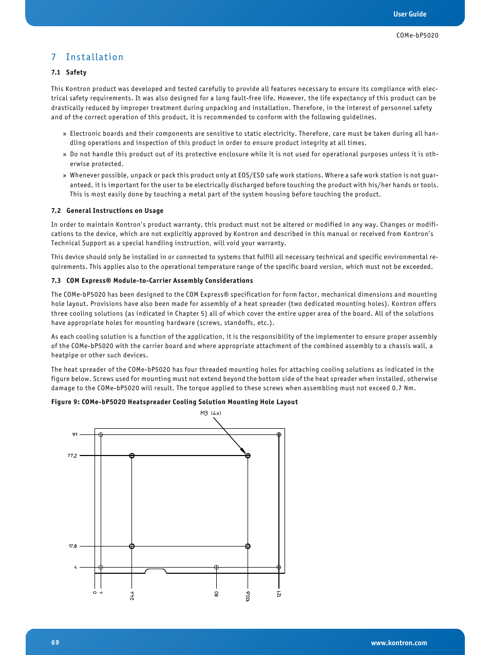 7 installation, 1 safety, 2 general instructions on usage | Installation, Safety, General instructions on usage, 7 ins t allation | Kontron COMe-bP5020 User Manual | Page 69 / 71