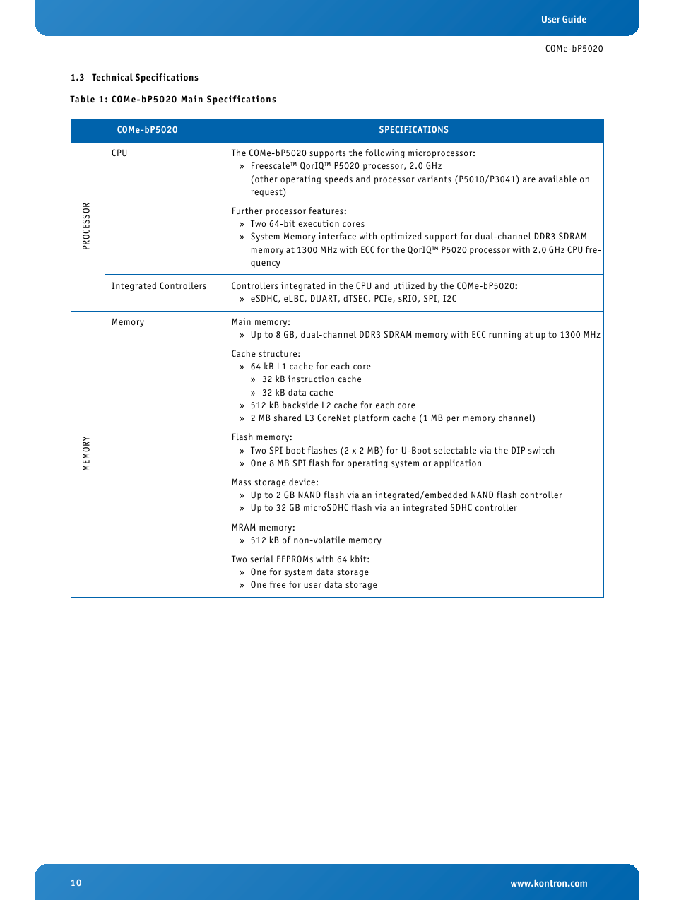 3 technical specifications, Technical specifications, Come-bp5020 main specifications | Kontron COMe-bP5020 Introduction User Manual | Page 10 / 14