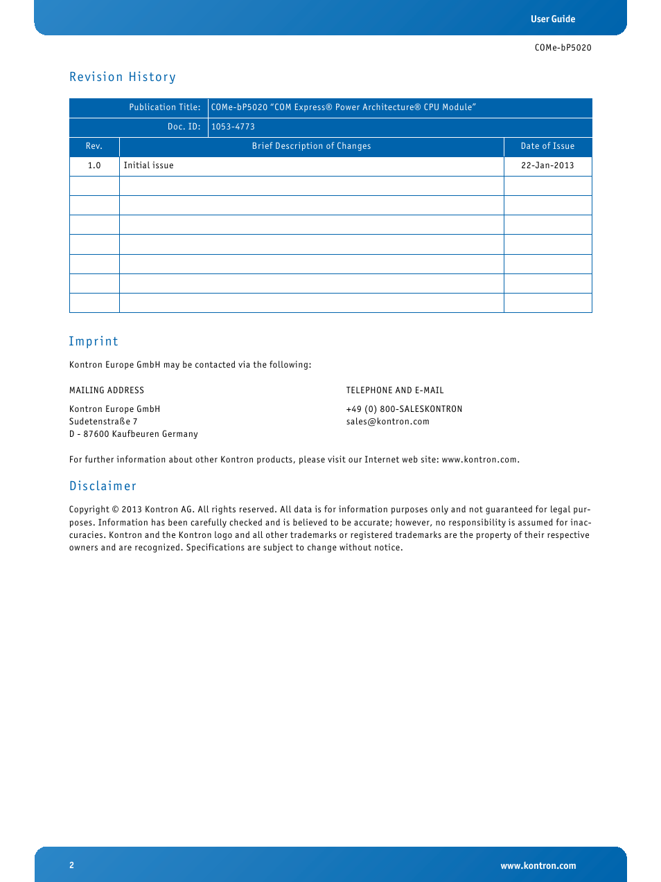 Revision his tor y impr int, Disclaimer | Kontron COMe-bP5020 Introduction User Manual | Page 2 / 14
