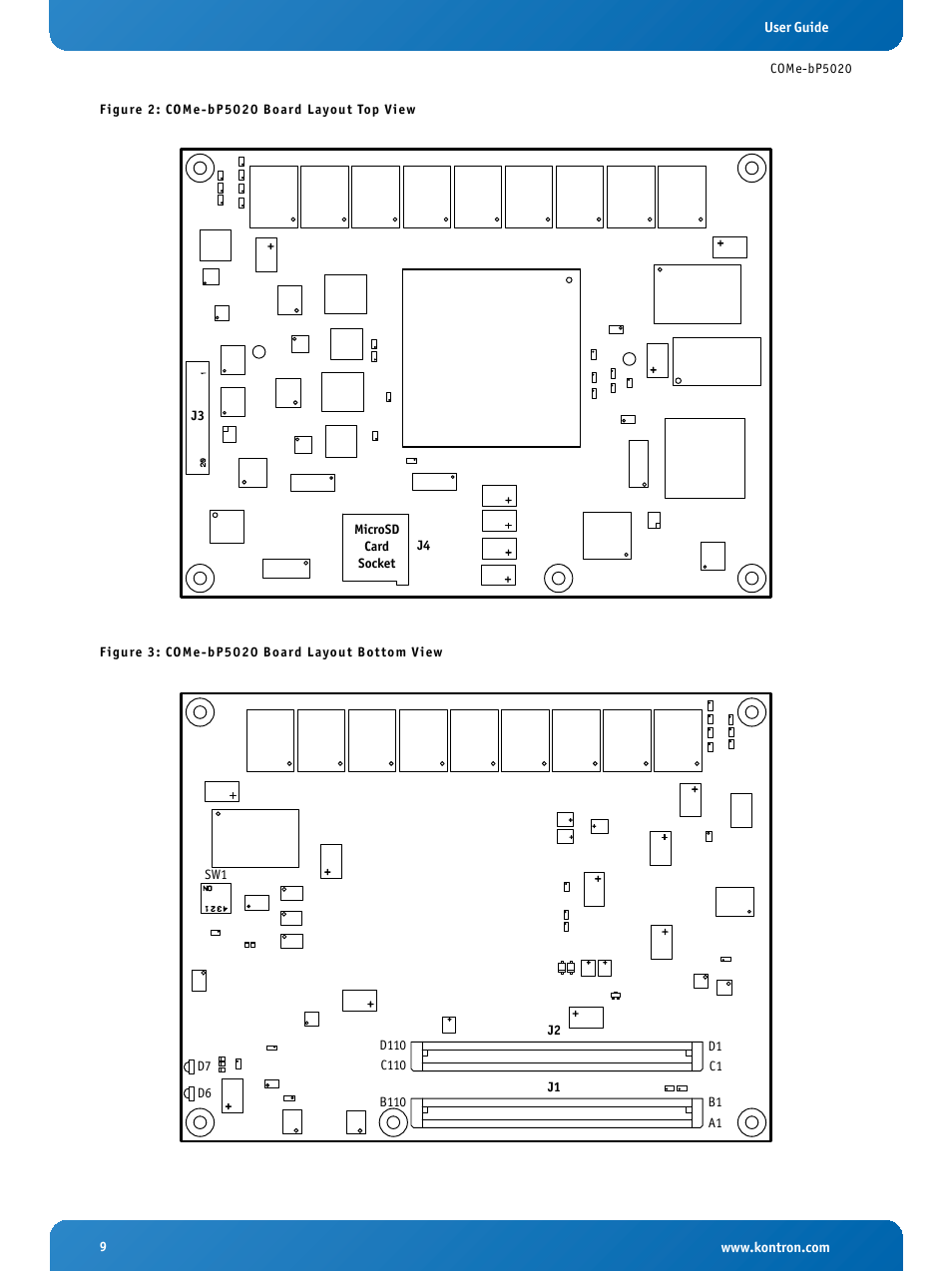 Come-bp5020 board layout top view, Come-bp5020 board layout bottom view | Kontron COMe-bP5020 Introduction User Manual | Page 9 / 14