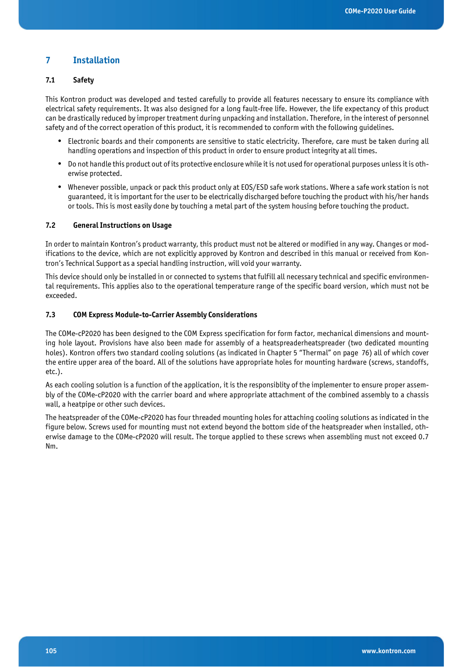 7 installation, 1 safety, 2 general instructions on usage | Safety, General instructions on usage | Kontron COMe-cP2020 User Manual | Page 105 / 106