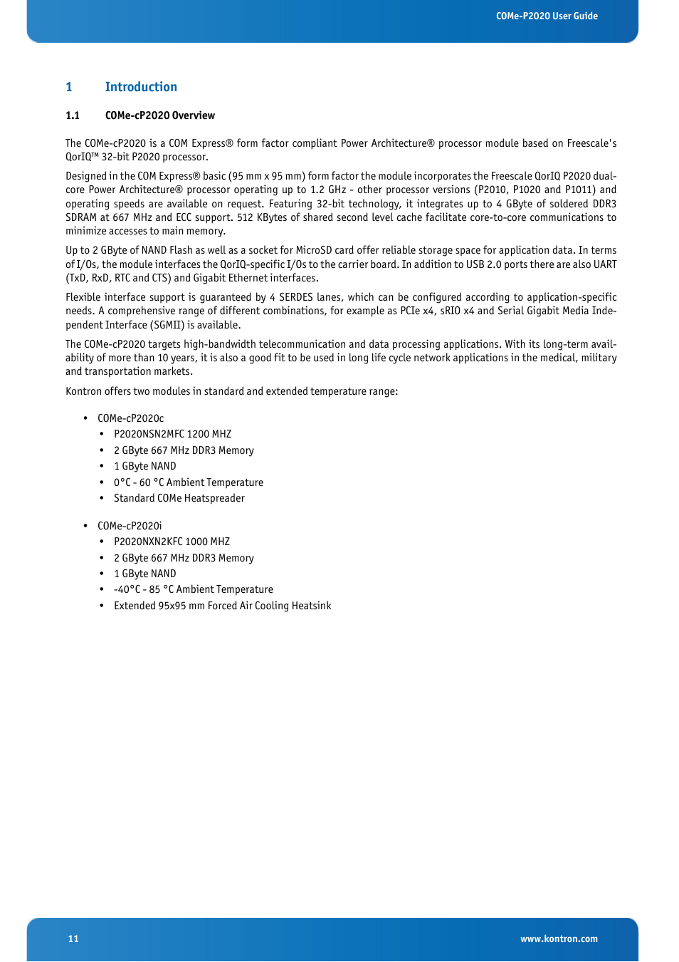 1 introduction, 1 come-cp2020 overview, Come-cp2020 overview | 1introduction | Kontron COMe-cP2020 User Manual | Page 11 / 106