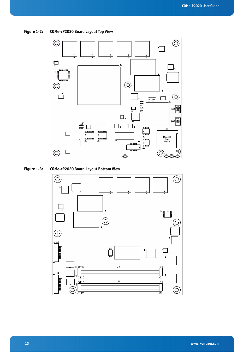 Figure 1-2: come-cp2020 board layout top view, Figure 1-3: come-cp2020 board layout bottom view | Kontron COMe-cP2020 User Manual | Page 13 / 106