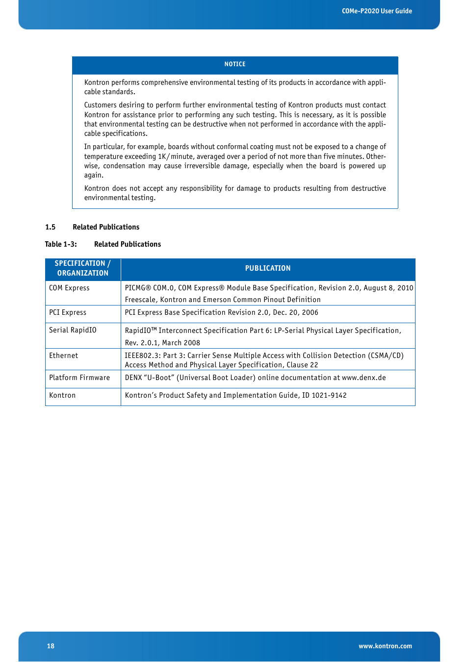 5 related publications, Related publications, Table 1-3: related publications | Kontron COMe-cP2020 User Manual | Page 18 / 106