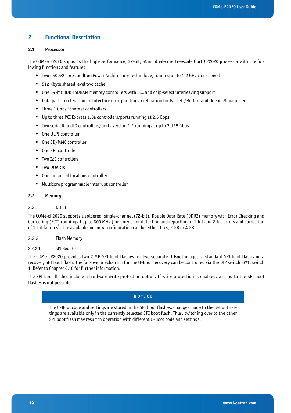 2 functional description, 1 processor, 2 memory | 2 functional, Description, Processor, Memory, 1 ddr3 2.2.2 flash memory | Kontron COMe-cP2020 User Manual | Page 19 / 106