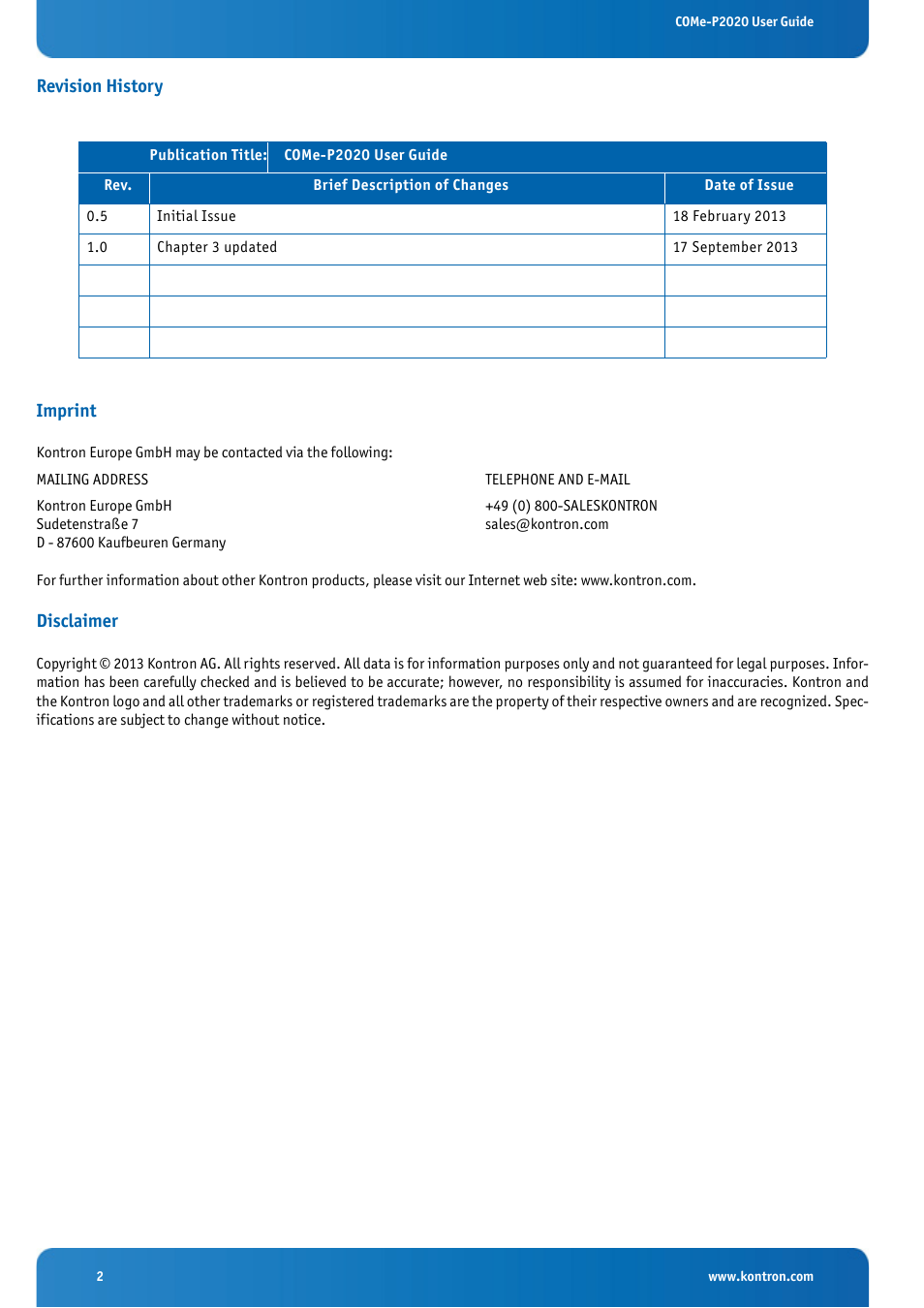 Revision history, Imprint, Disclaimer | Revision history imprint | Kontron COMe-cP2020 User Manual | Page 2 / 106