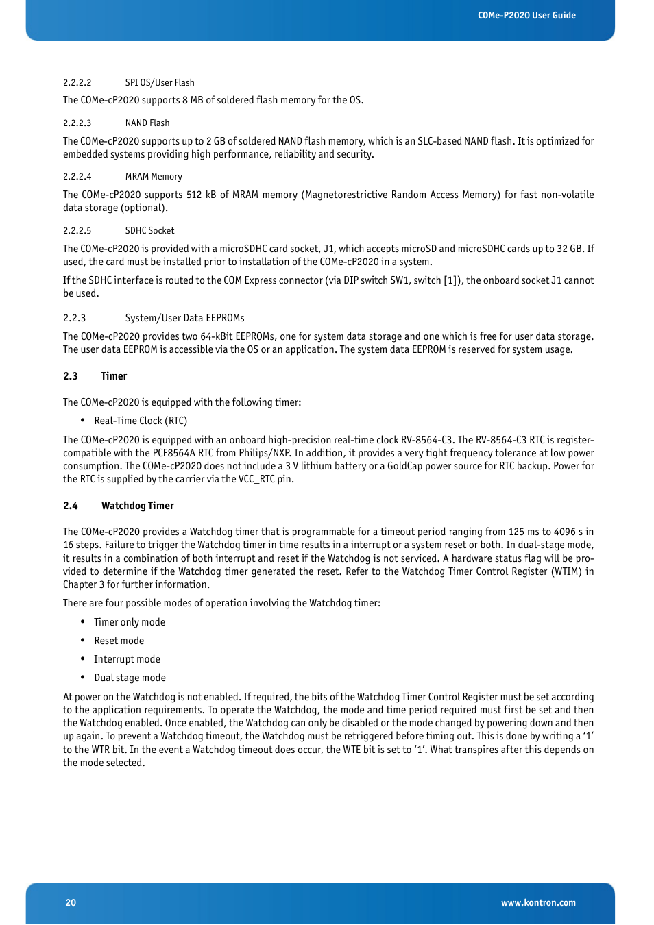 3 timer, 4 watchdog timer, 3 system/user data eeproms | Timer, Watchdog timer | Kontron COMe-cP2020 User Manual | Page 20 / 106