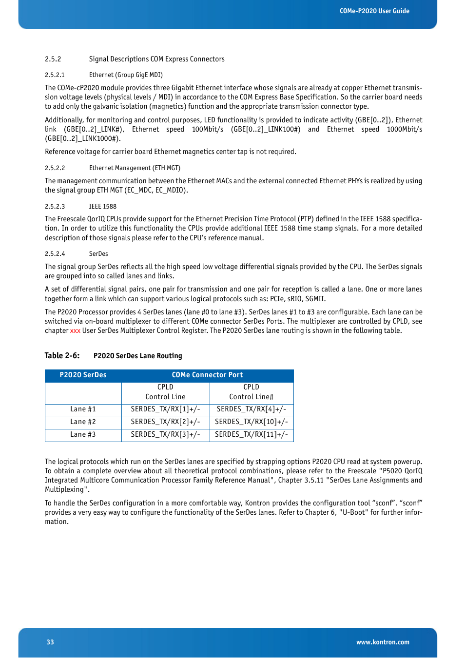 2 signal descriptions com express connectors, Table 2-6: p2020 serdes lane routing | Kontron COMe-cP2020 User Manual | Page 33 / 106