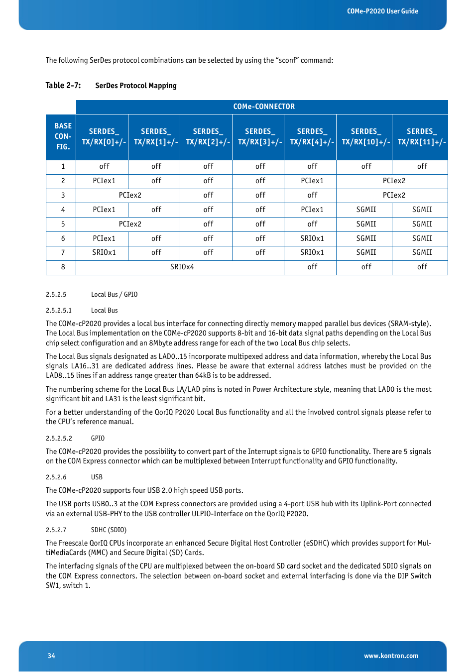 Table 2-7: serdes protocol mapping | Kontron COMe-cP2020 User Manual | Page 34 / 106