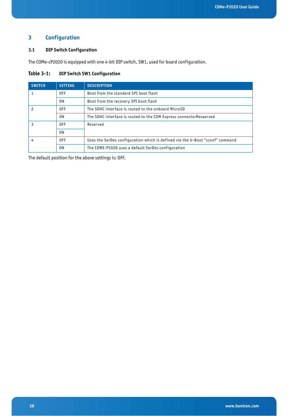 3 configuration, 1 dip switch configuration, Dip switch configuration | Table 3-1: dip switch sw1 configuration, 3configuration | Kontron COMe-cP2020 User Manual | Page 38 / 106