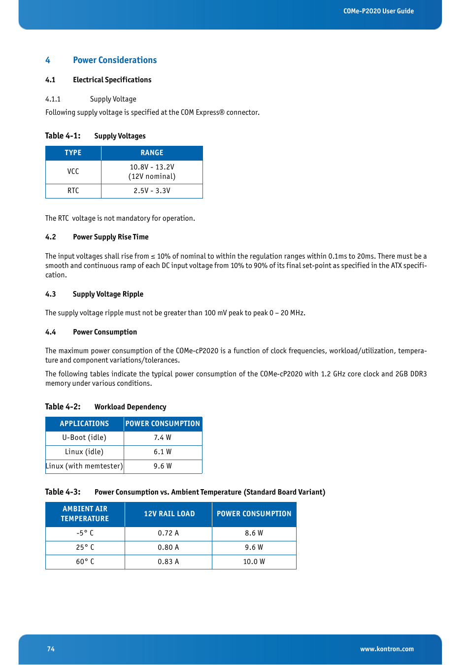 4 power considerations, 1 electrical specifications, 2 power supply rise time | 3 supply voltage ripple, 4 power consumption, 4 power, Considerations, Electrical specifications, 1 supply voltage, Power supply rise time | Kontron COMe-cP2020 User Manual | Page 74 / 106