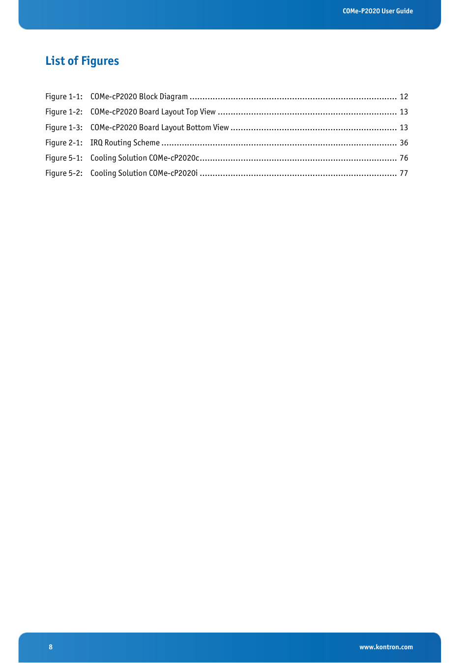 List of figures | Kontron COMe-cP2020 User Manual | Page 8 / 106